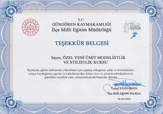 Modelist teşekkür belgesi
