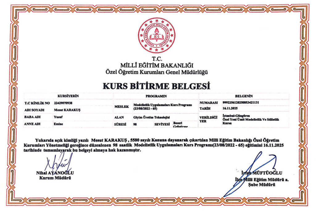 MODELİSTLİK SERTİFİKA ÖRNEĞİ